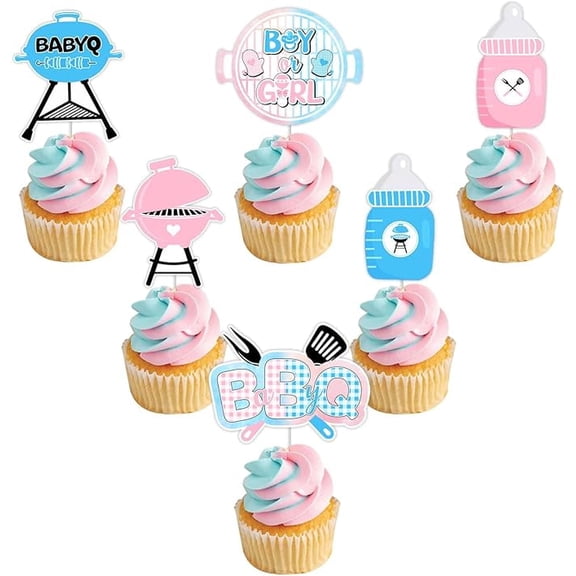 36 Pcs BBQ Gender Reveal Cupcake Toppers - Pink Blue Baby Q Gender Reveal Cake Decorations, Double Sided Babyq Cupcakes Decor for Boy or Girl Barbecue Picnic Themed Baby Shower Party Supplies