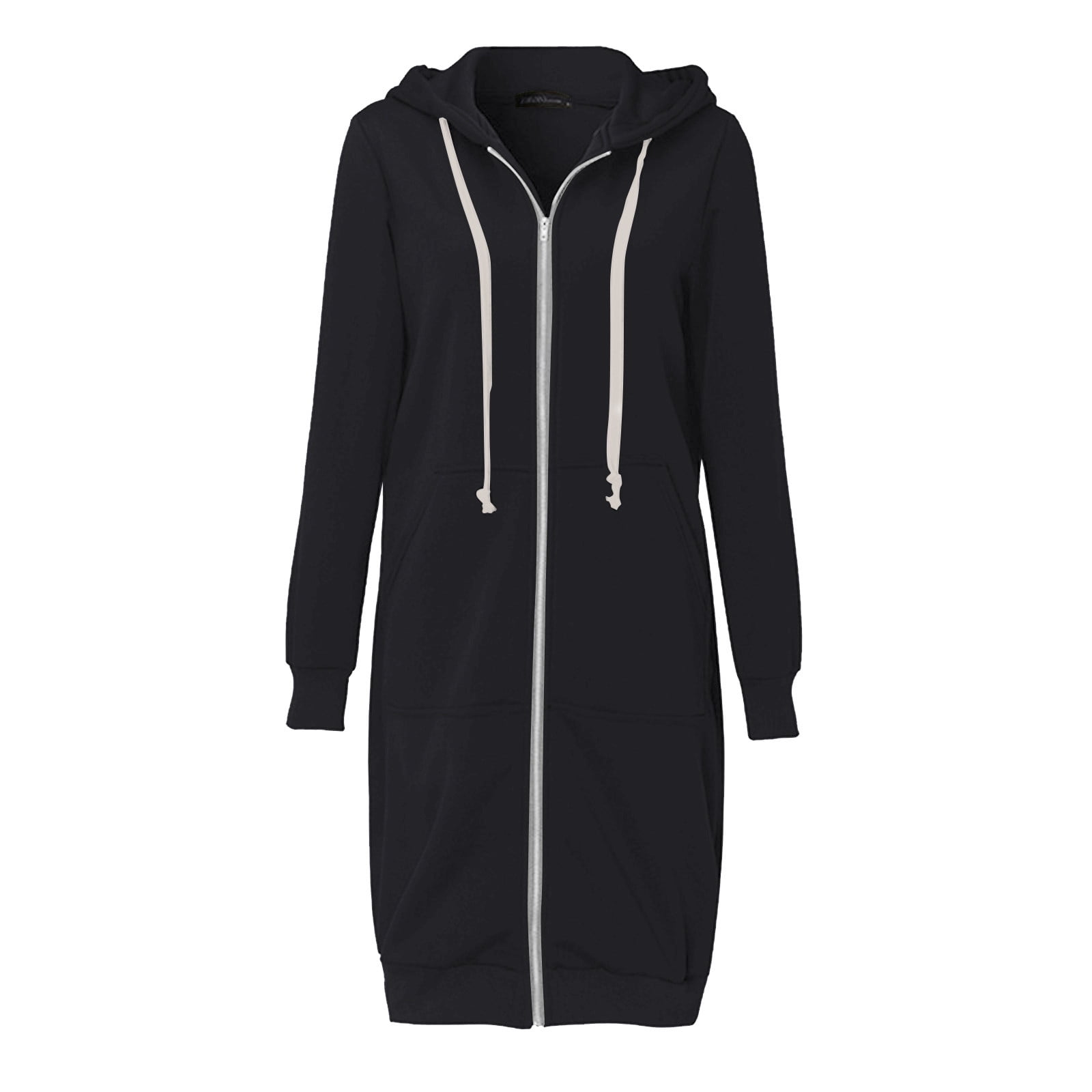 Scyoekwg Long Coats for Women Overcoat Long Sleeve Hooded Neck Coat Solid Color Casual Jacket Plus Fleece Insert Pocket Hooded Zipper Mid Length Sweater Black L