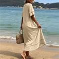 thumbnail image 4 of Vivianyo HD Women's V-Neck Fringe Trim Maxi Dress, Short Ruffle Fringe Sleeve Solid Linen Blend Loose Casual Summer Dresses for Women Vacation, Women's Beige, Sizes S-2XL, 4 of 7