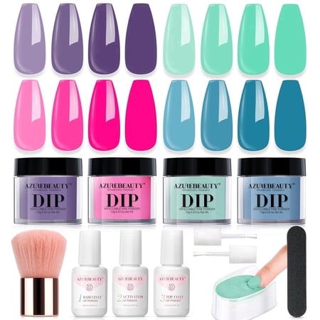 Azurebeauty Dip Powder Nail Kit, 4 Vibrant Pastel Green Pink Purple Colors, Base/Top Coat Activator, DIY Manicure