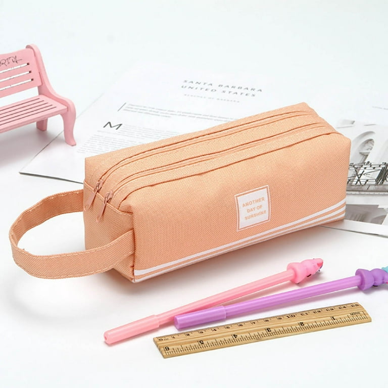 Ziloco canvas pencil pouch Portable Large-capacity Double-layer Pencil Case  Solid Color Pencil Case pencil box bulk,Pink