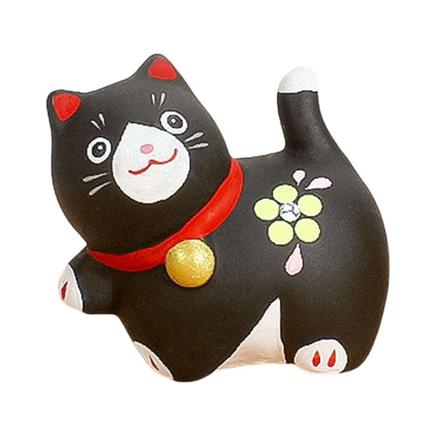 Figura de gato de la suerte de cerámica hecha a mano, adorno para tablero de automóvil, adornos pequeños para Negro