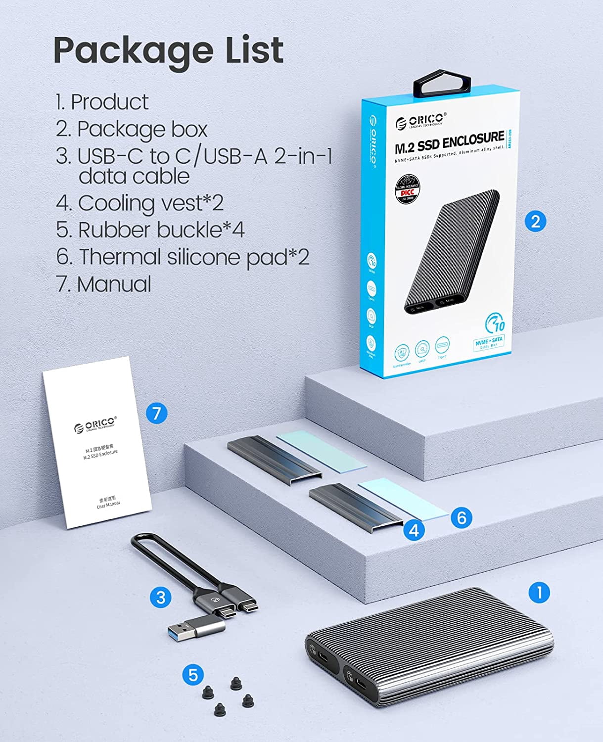 ORICO Tool-free Dual Bay M.2 NVMe SSD Enclosure, Aluminum, USB C to NVMe, Support Trim UASP, 2x4TB Max (No Drive)