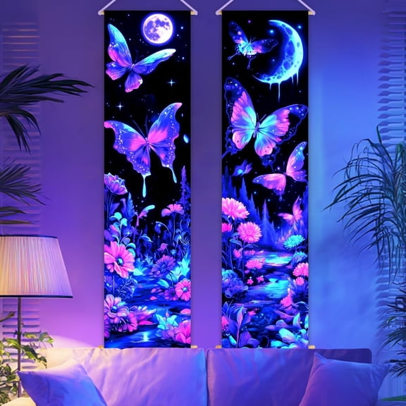 2 Pack Blacklight Butterfly Tapestry Glow in the Dark Tapestry UV Reactive Flower Wall Hanging 12.9×51 Inch with Ropes Wooden Rods