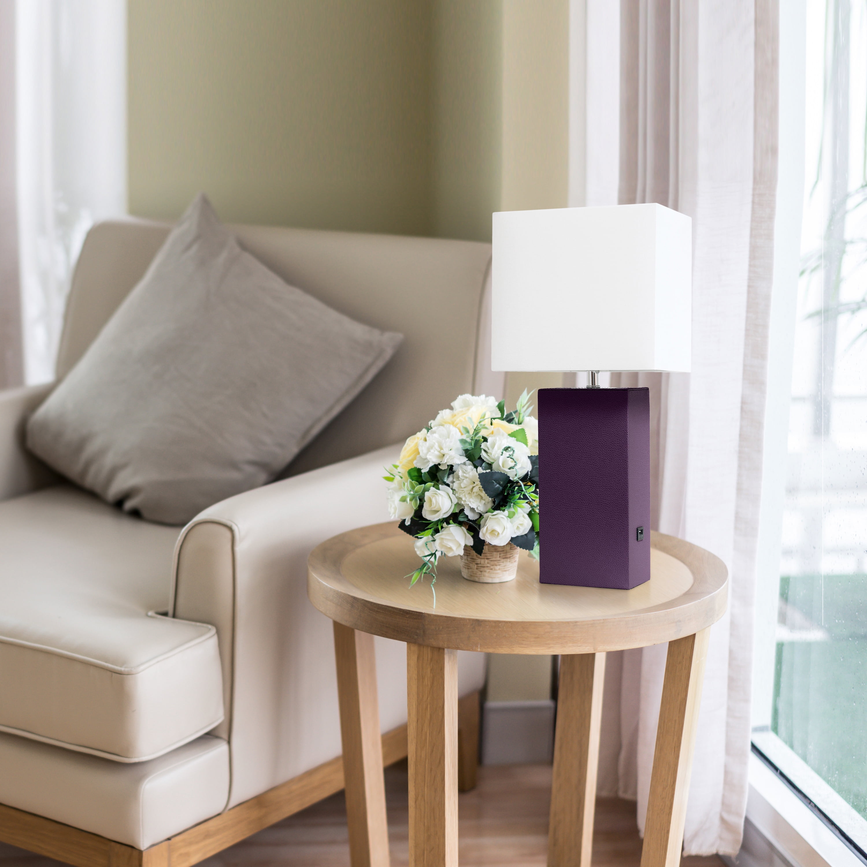 Lalia Home 21" Leather Modern Bedside Table Lamp with USB Port and LED Bulb, Eggplant Purple
