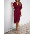 thumbnail image 5 of Gdvsclr Short Sleeve Dresses for Women V Neck Pleated Slim Fit Flowy Swing Shift Irregular Midi Dress Claret S, 5 of 8