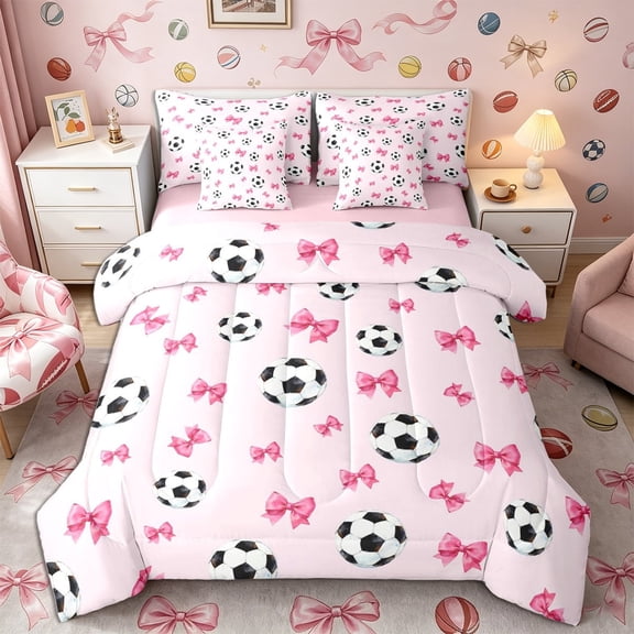 Meiyoeat Cute Soccer Ball Queen Bedding 7pcs, Pink Bow Print Bedding Comforter Set Queen for Bedroom,Pink Reversible