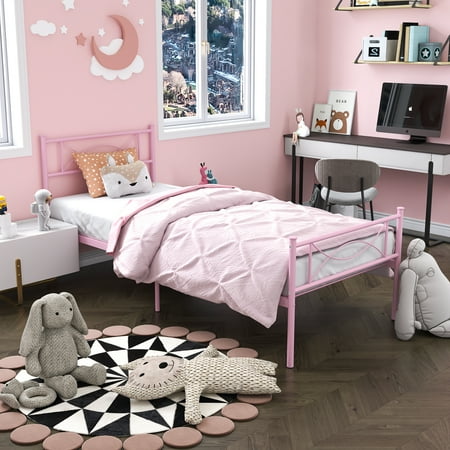 Yoneston Kids Pink Metal Platform Bed Frame Twin Single Bed with Headboard & Footboard for Girls Bedroom Furniture  No Box Spring Needed