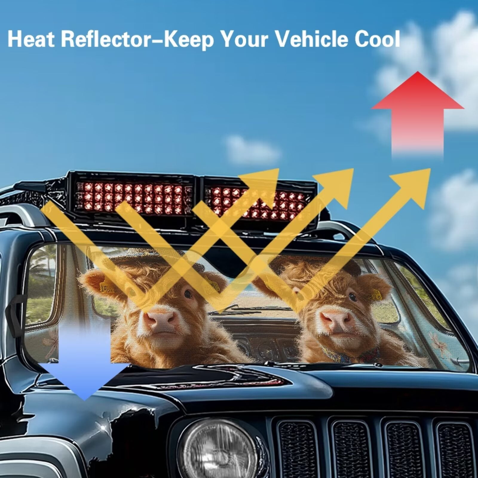 Uorisanigo Windshield Sun Shade, Car Sun Shade，52.95 in *16.14 in, Compatible with 2007-2024 Wrangler Rubicon Sahara TJ JK JKU 2 & 4 Door, Baby Highland Cow Print