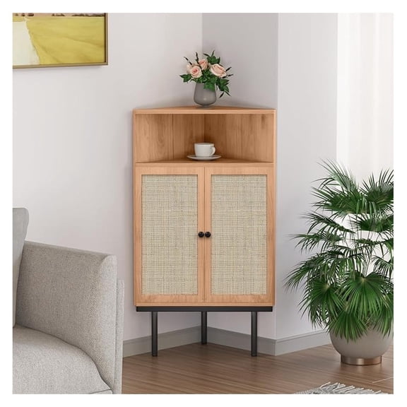 39 Inch Boho Corner Cabinet with Rattan Doors, Farmhouse 4-Tier Storage Shelf with Metal Legs, Small Space Organizer for Bathroom, Living Room/Light Brown