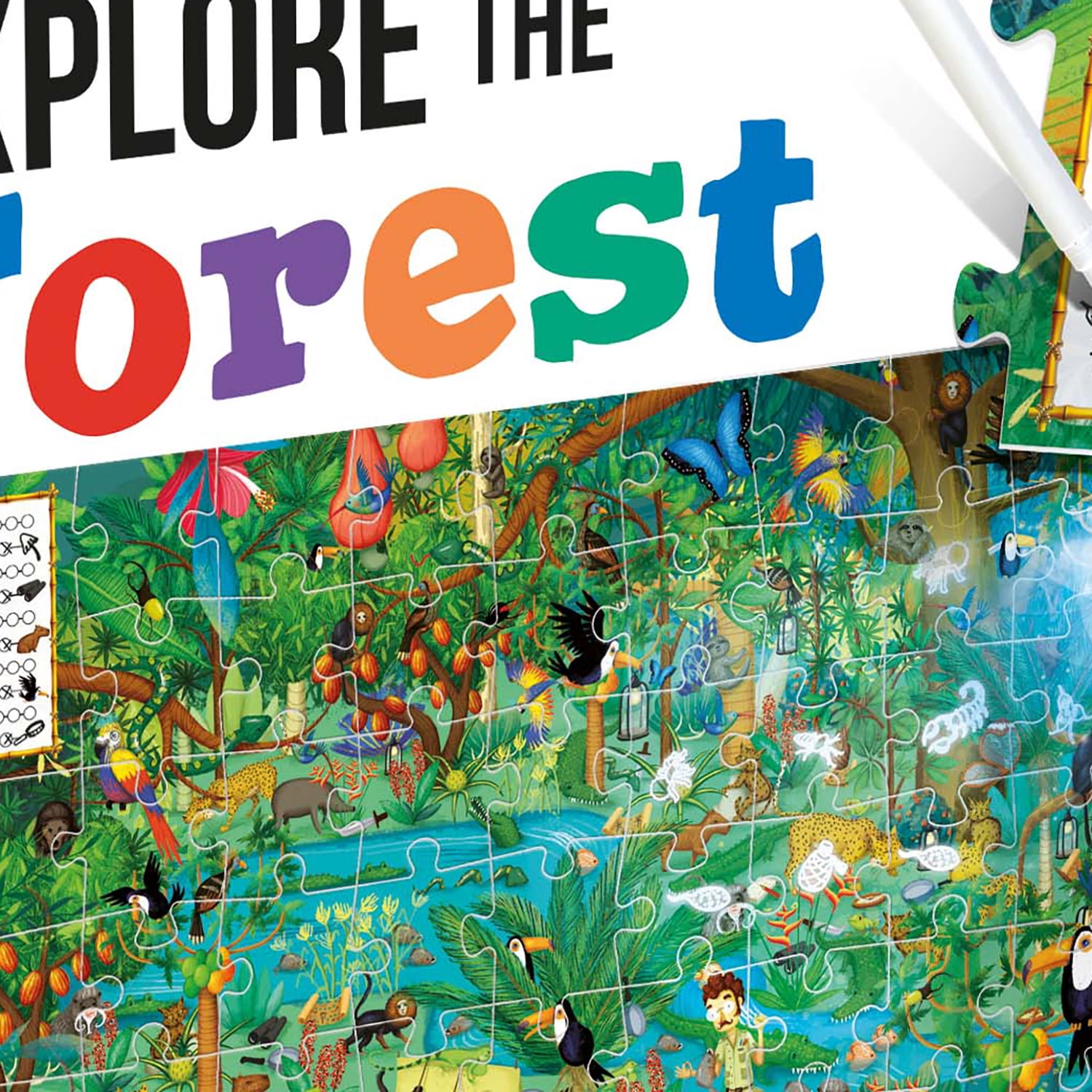 Headu: Explore The Forest Puzzle - 70pc Activity Jigsaw, Magic Reveal Light, 27x17" Jungle Ecosystem Scene, Search & Find Plants & Animals, Kids 5+