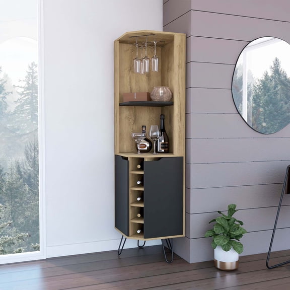 FM FURNITURE Grace Bar Cabinet Macadamia (brown)/Black Wengue Engineered Wood