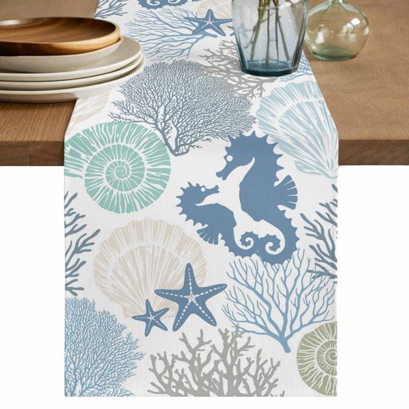 Coastal Seahorse Table Runner 72 Inches, Nautical Beach Ocean Shells Starfish Bed Runner Dresser Scarves Tabletop for Indoor Outdoor Parties/Ceremony/Banquet, 16" x 72"