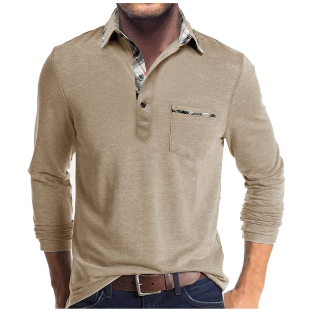 Blusa y camisa de manga larga con cuello vuelto para hombre, camisa de otoño invierno con botones y bolsillo, camisa de manga larga con cuello vuelto, camisa de poliéster para hombre