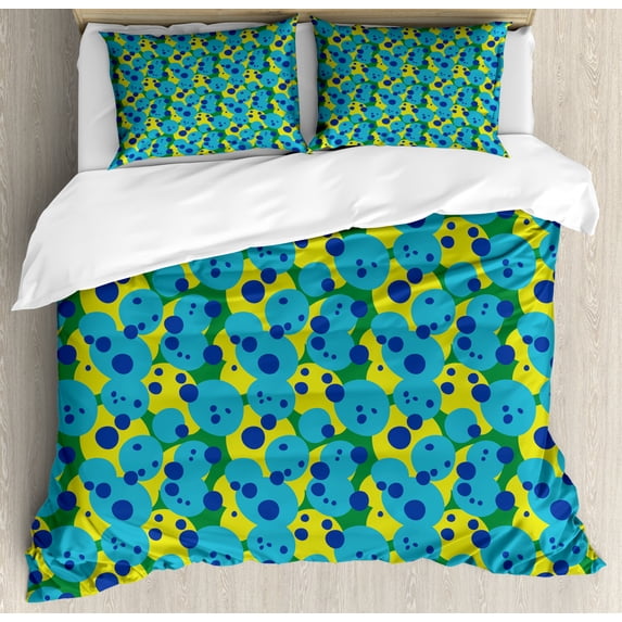 Abstract Duvet Cover Set King Size, Circles Ovals Rounded Wobbly Geometrical Points Vintage Bubbly Boho Illustration, Decorative 3 Piece Bedding Set with 2 Pillow Shams, Multicolor, by Ambesonne