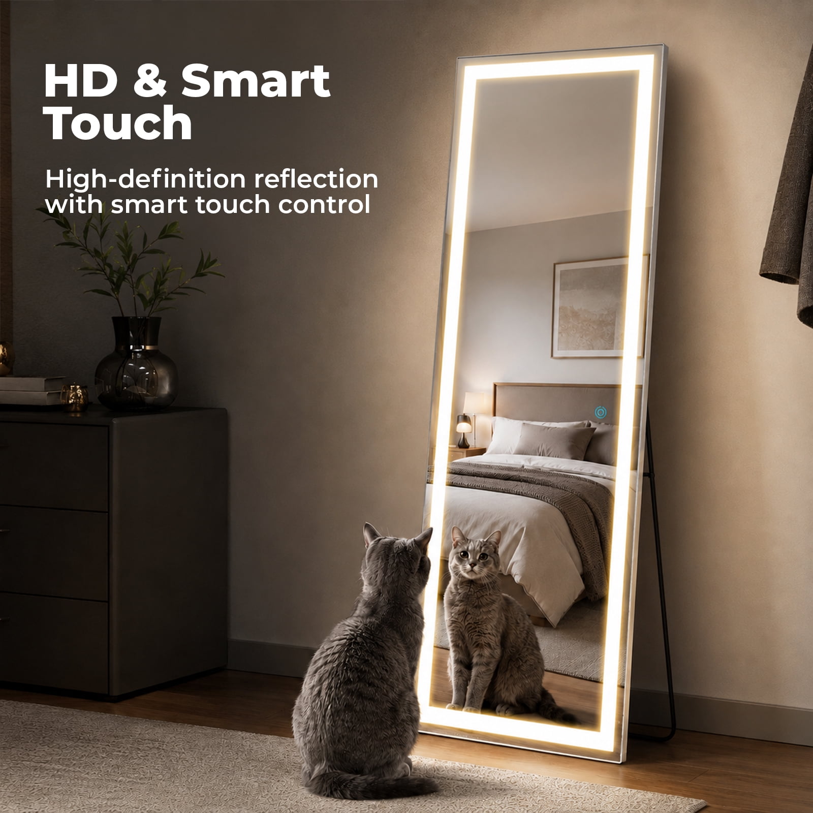 Alvantor Full Length Mirror with LED Lights,Lighted Full Body Floor Mirror with Dimming & 3 Color Lighting, Stand for Bedroom, Dressing Room, Rect/Arched