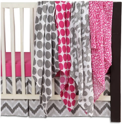 Bacati - Ikat 6-Piece Crib Bedding Set with four 100% Cotton Muslin Swaddling Blankets, Pink/Grey