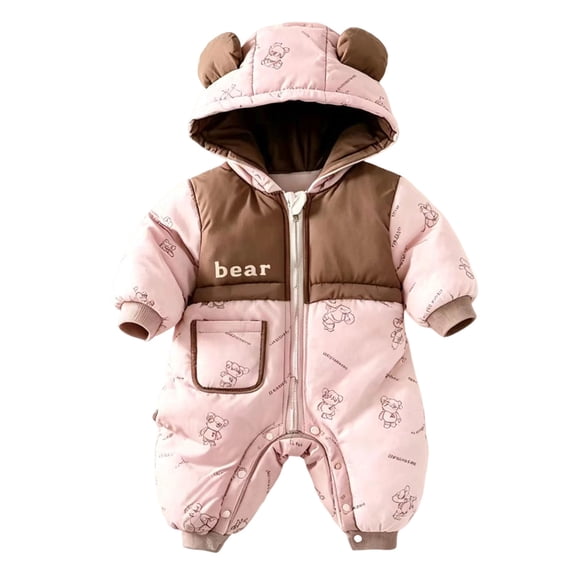 OJSFQUFP Baby Winter Hooded Snowsuit Cute Bear Ear Padded Jumpsuit Color Block Cartoon Print Warm for Boys Girls