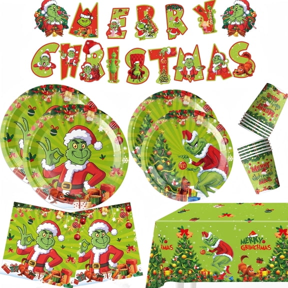 Sddec 67Pcs Christmas Party Supplies, Merry Christmas Theme Holiday Tableware Decorations Kit, Christmas Disposable Dinnerware Set for 10 Guests