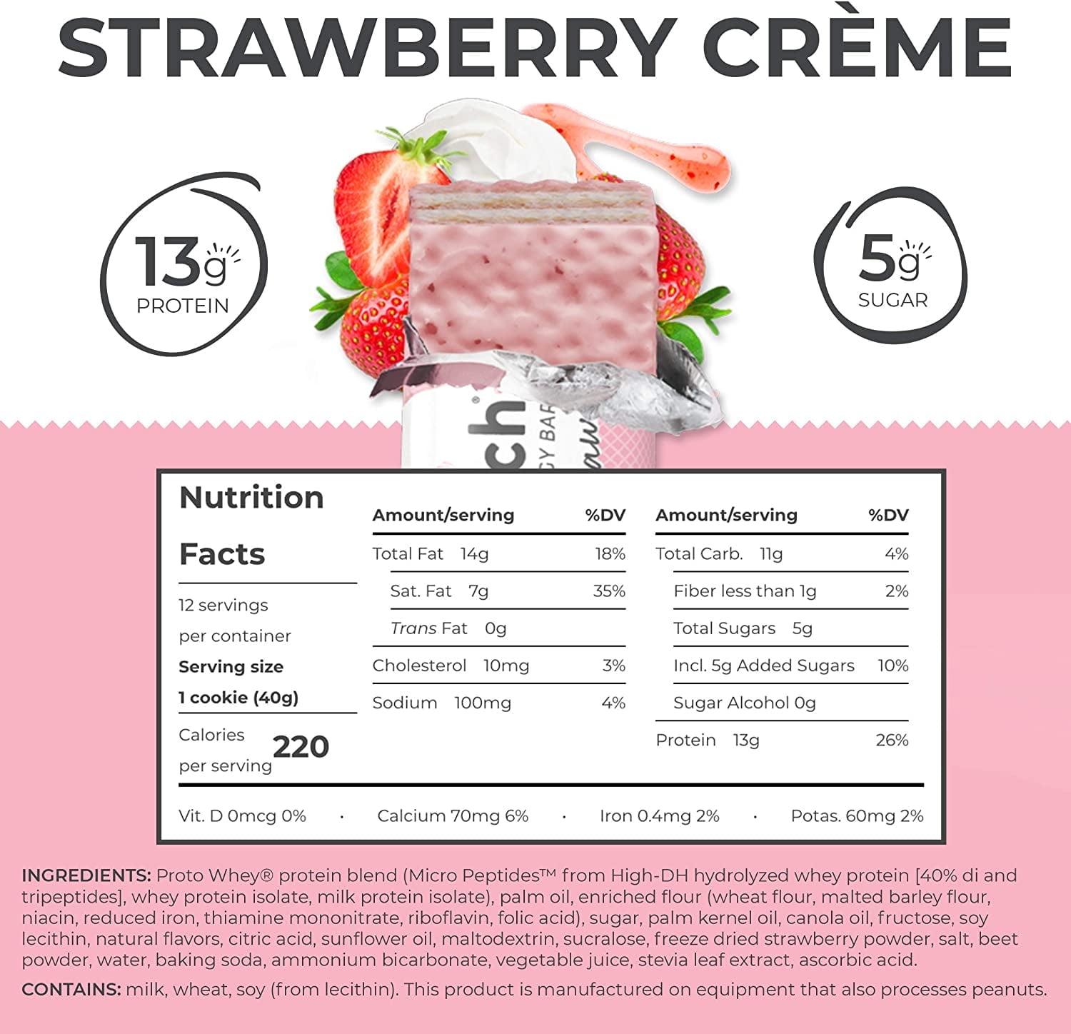 Power Crunch Whey Protein Bars, High Protein Snacks with Delicious Taste, Strawberry Crème, 1.4 Ounce (12 Count)