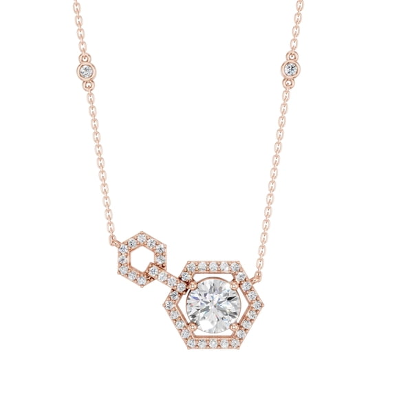 KEEVA JEWELS 1.85 Carat Round Moissanite Round Cut Center Stone Hexagon Halo Pendant Necklace for Women 18 inch Length, Rose Gold Plated Silver