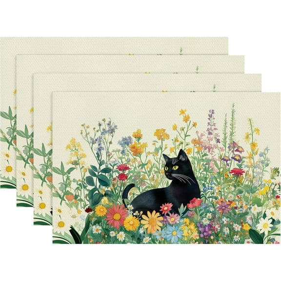 Dining Room Table Set for 4 Vinyl Woven Washable Waterproof Placemats Set of 4 Table Mats Black Cat Dining Table Place Mats Floral Kitchen and Dining Decor for Indoor