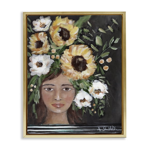 Stupell Industries Eclectic Girl Wearing Flower Crown Yellow White Blossoms Gold Floating Frame Canvas Art, 17 x 21, by Amanda Hilburn