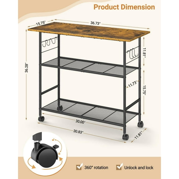 Kitchen Island with 3 Shelves, Rolling Kitchen Cart with 6 Hooks and Protective Shelf, Microwave Stand on Lockable Wheels, Bakers Rack Coffee Bar for Dining, Living Room, Outdoor, Metal Frame