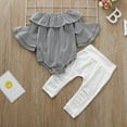 thumbnail image 3 of OLLUISNEO Newborn Baby Girls Romper Outfits 3 Months Girl Fall Clothing Set 6 Months Off-shoulder Flared Sleeve Jumpsuit Ripped Elastic Pants 2 PCS Set Gray White, 3 of 9