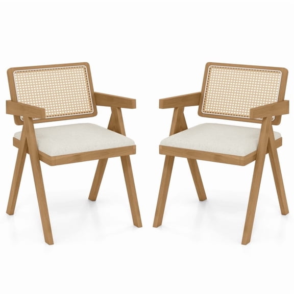 Set of 2 Rattan Accent Chairs with Padded Cushion and Rubber Wood Frame