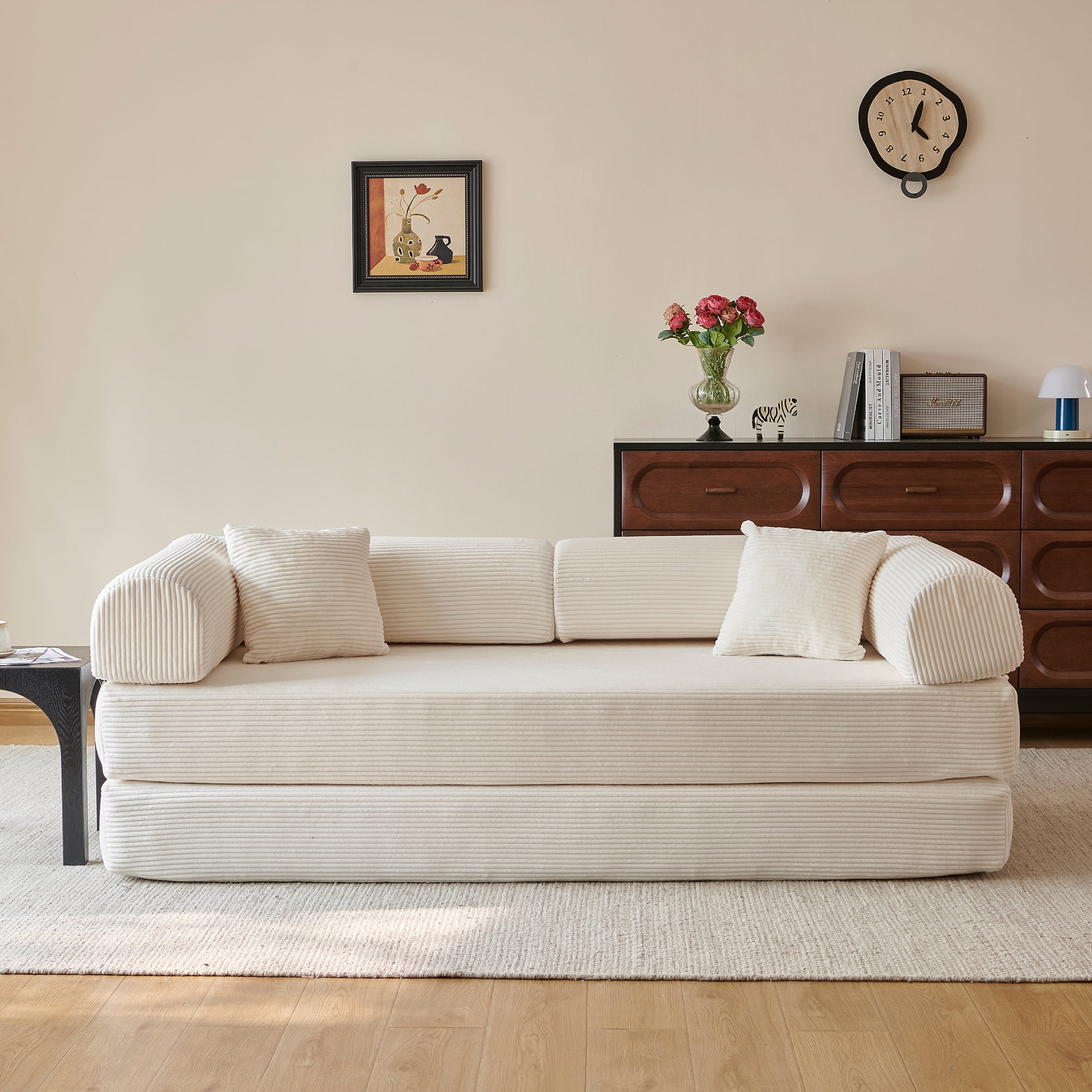 Howcool 79" Boneless Sleeper Sofa Bed, 2-in-1 Pull Out Convertible Loveseat Couch with 2 Throw Pillows, Corduroy Futon Floor Sofa for Living Room, No Assembly Required, White