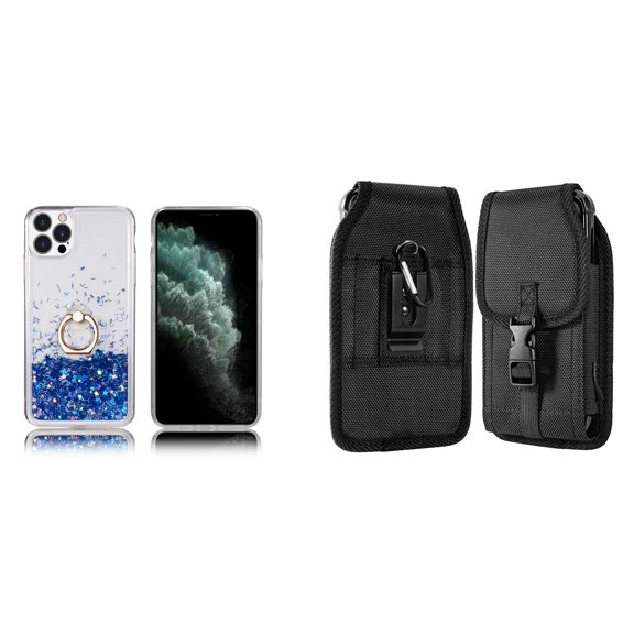 Waterfall Liquid Glitter Stand Case and Belt Holster Pouch for iPhone 14 Pro - Blue