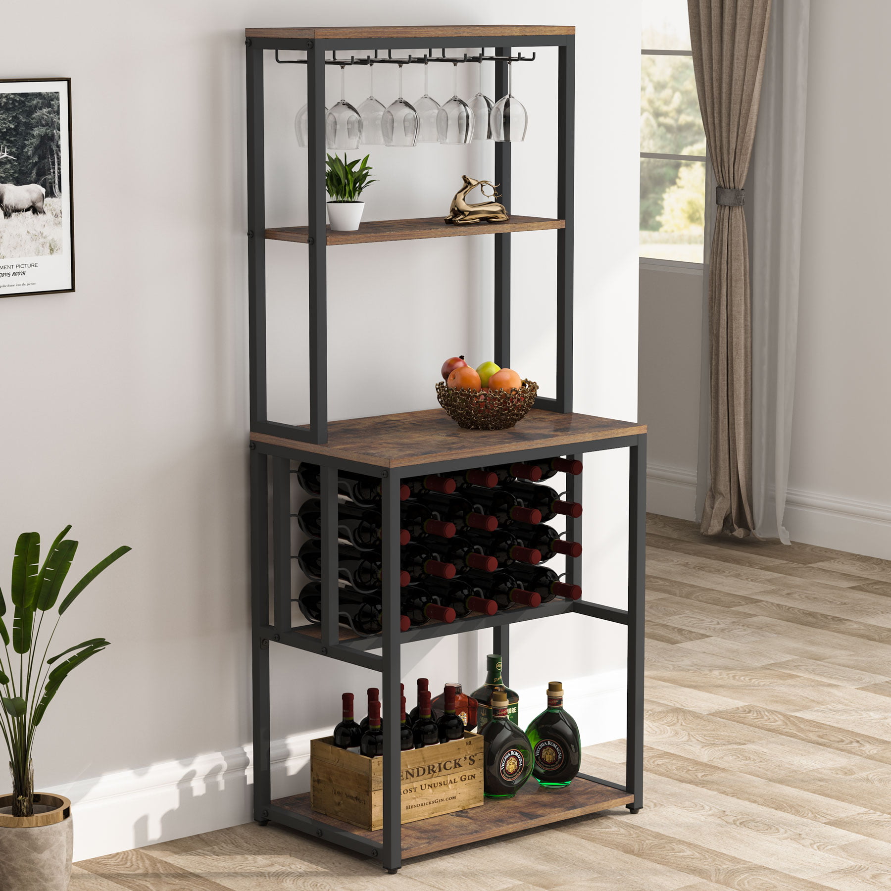 w/ Glass Holder 4-Tire Wine Rack 28 Bottles Home Collection Display Wine Holder 