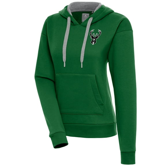 Women's Antigua Hunter Green Milwaukee Bucks Brushed Metallic Victory Pullover Hoodie
