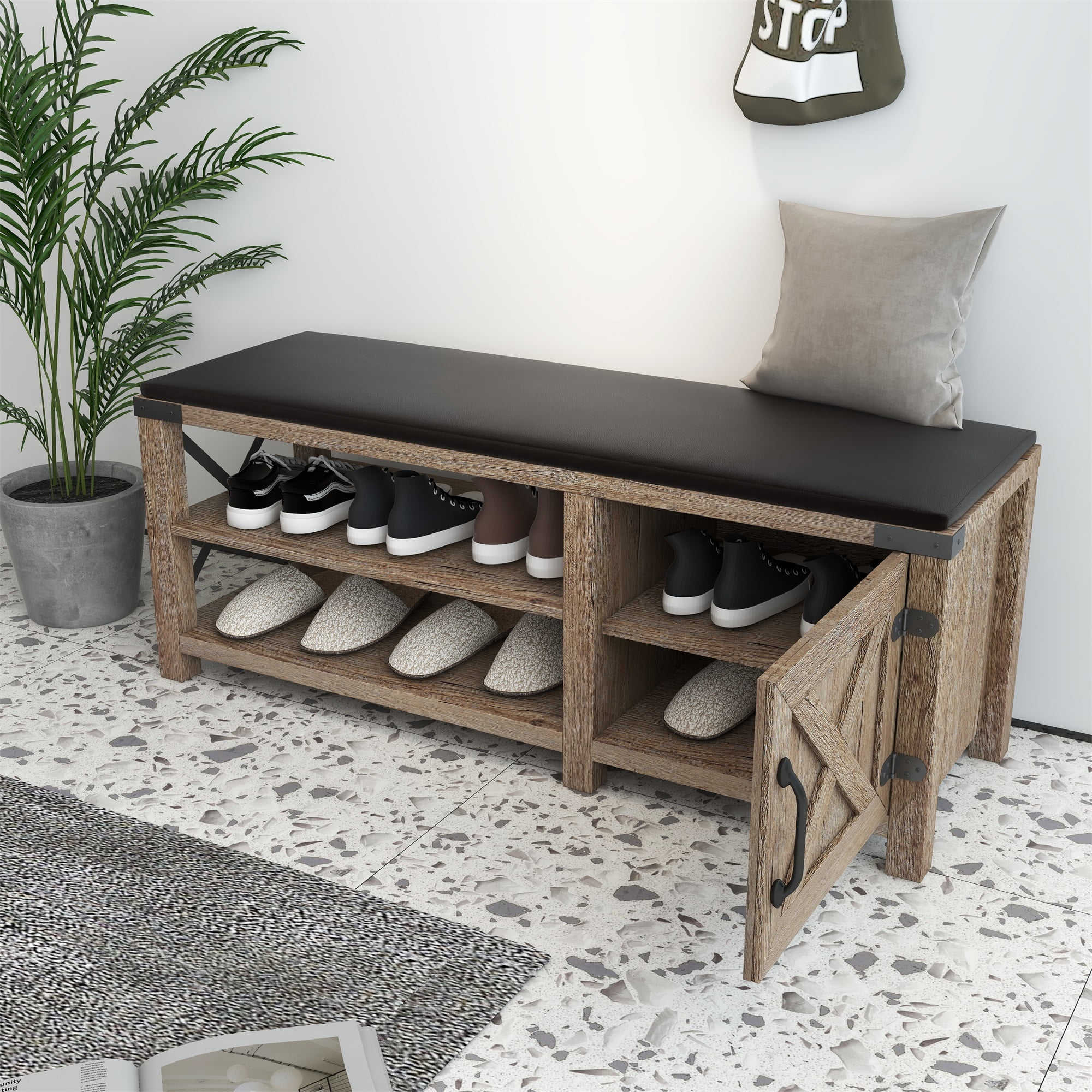 Kadyn 47.24" Modern Farmhouse Shoes Bench With Seat Cushion, Light Brown Kadyn 47.24" Modern Farmhouse Shoes Bench With Seat Cushion, Light Brown