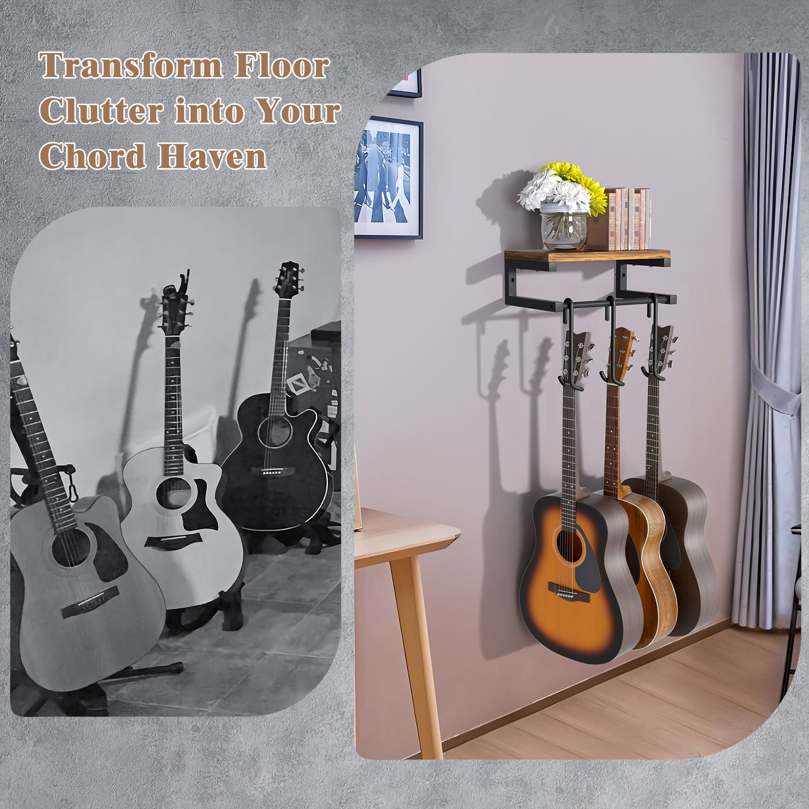 Olakee Guitar Wall Hangers with Mounting Kit — Dual-Twist Hook, Heavy-Duty Steel & Wood Shelf, 3-in-1 Display System, 44lb Capacity