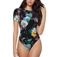 thumbnail image 2 of Uemuo Hibiscus Rose Pattern Women's One Piece Short Sleeve Swimsuit Rash Guard Surfing Modest Quick-drying Swimsuit Beach Essentials-X-Large, 2 of 9