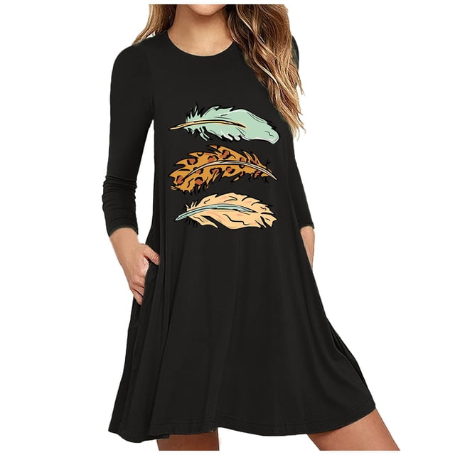 pstuiky Robes, Robe raglan à Blocs de Couleur à Manches Longues Décontractée pour Femmes avec Imprimé de Plumes, Robes de Soirée en Liquidation