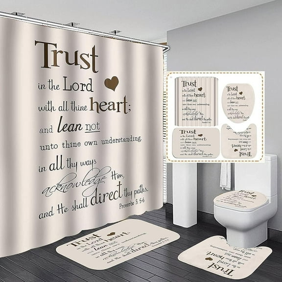 4PCS Trust in The Lord Shower Curtain Set with Rugs, Toilet Lid Cover and Bath Mat with 12 Hooks, Bathroom Sets with Shower Curtain and Rugs and Accessories