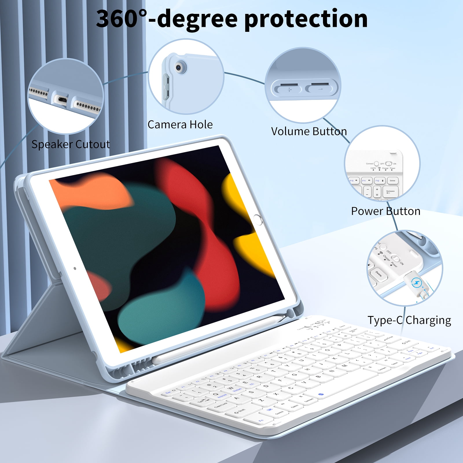 SZPSGC Keyboard Case for ipad 10.2" 9th/8th/7th Gen,Wireless Magnetic Detachable Keyboard for iPad 9th/8th/7th, with Built-in Pencil Holder, Blue