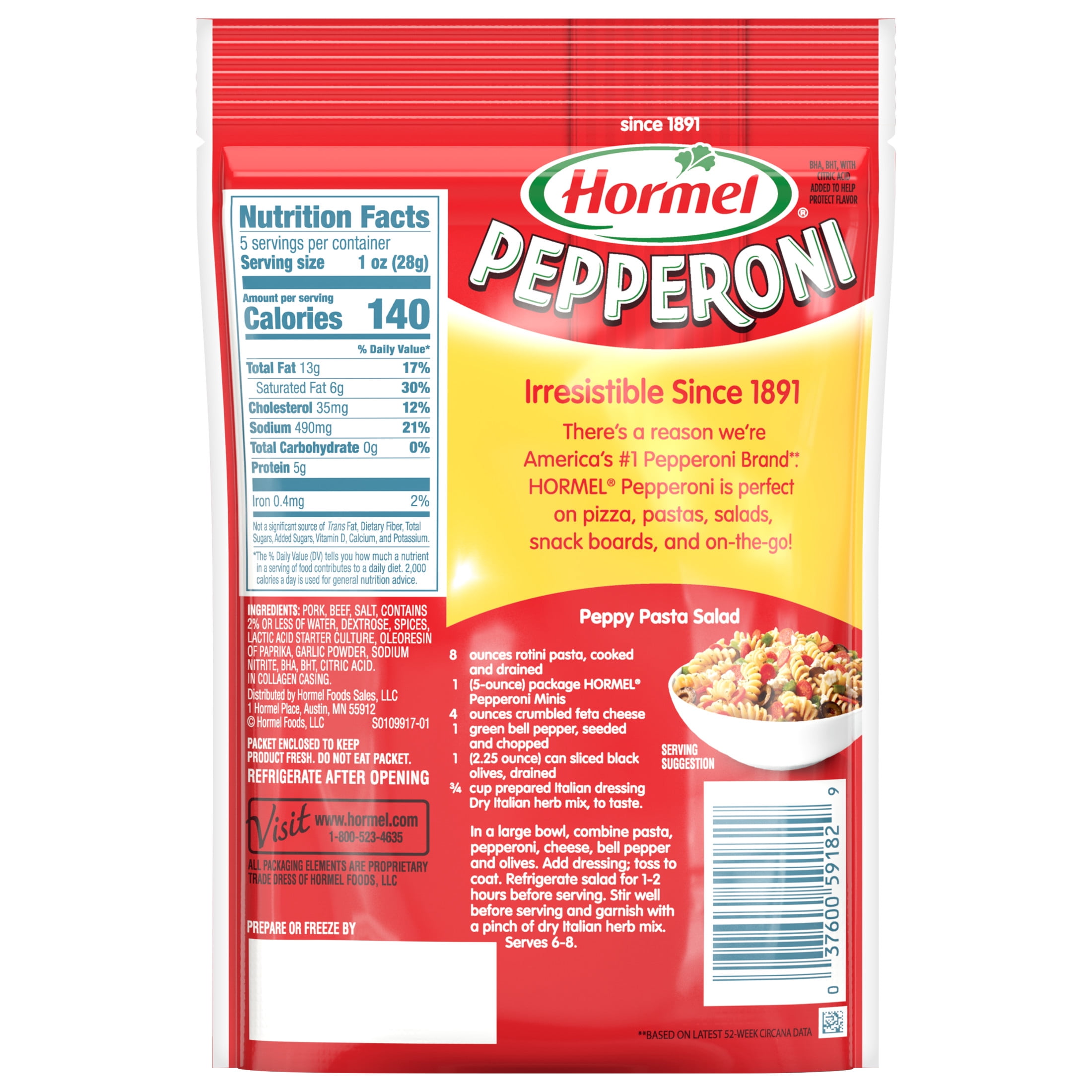 HORMEL Pepperoni Mini Slices, Pizza Topping, Gluten Free, Refrigerated, 5 oz Plastic Package
