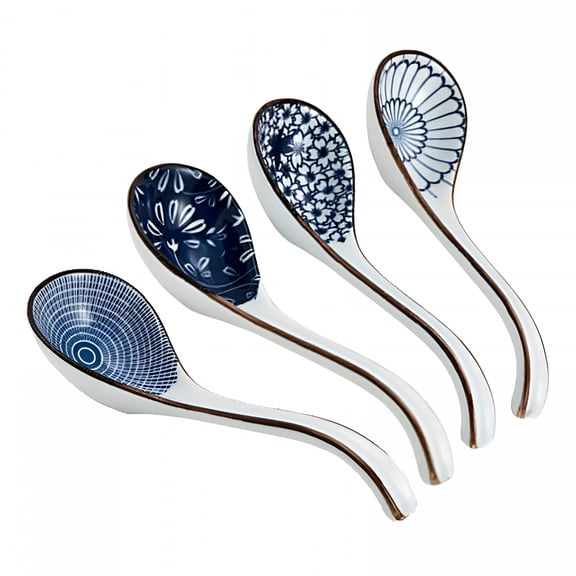 ACDANC Ceramic Soup Spoons Sets of 4, Asian Soup Spoons, Long Ramen Spoons, Japanese Soup Spoons for Pho, Wonton, Noodles, Chinese Ceramic Rice Spoons Soup Spoons