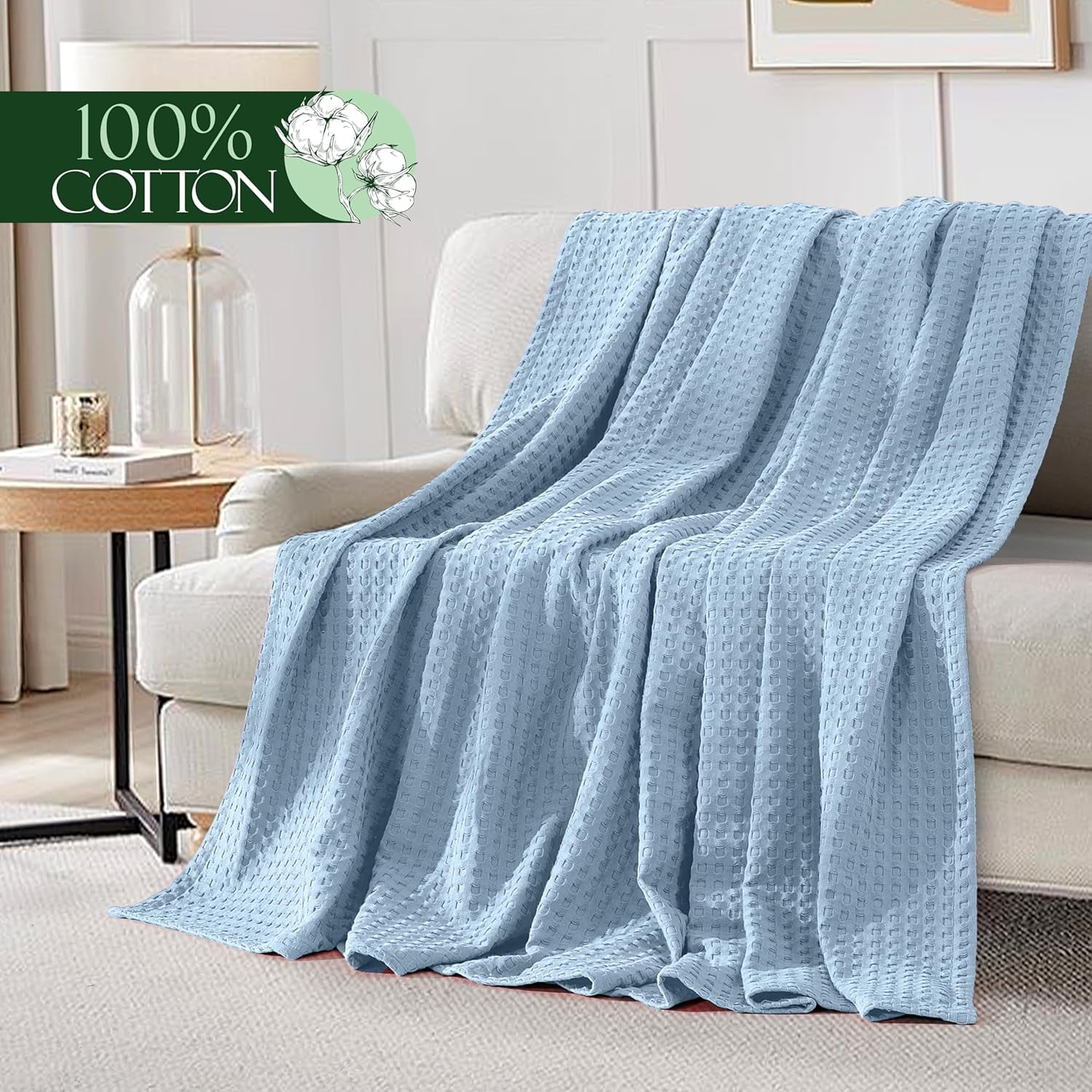 Elegant Comfort Cotton Waffle Blanket, Lightweight All-Season Bed Blanket,TwinXL Size 68x90 Inches, Light Blue