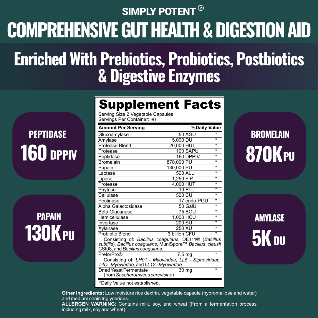Simply Potents Bacillus Probiotics, Digestive Enzymes & Prebiotics Supplement, 60 Capsules