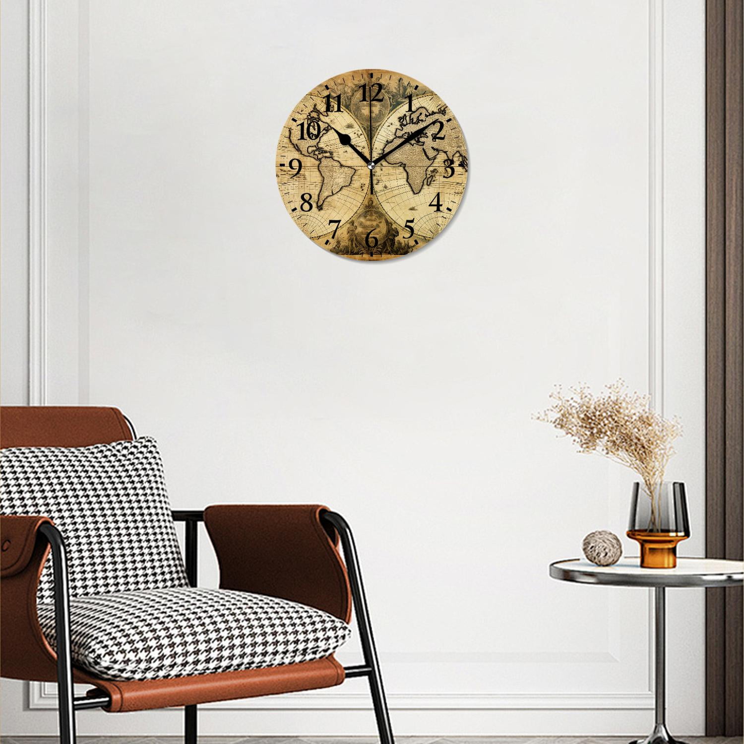 12 Inch Wall Clock Battery Operated Silent Clock Decorative for Office, Kitchen, Outdoor, Living Room，Retro World Map