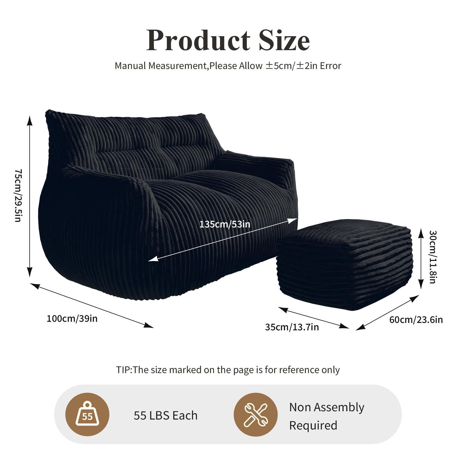 Hommoo Lovseat sofa with Ottoman, Cloud-Love Oversized 2-Seater Fluffy Bean Bag Chair for Living Room & Bedroom, Black