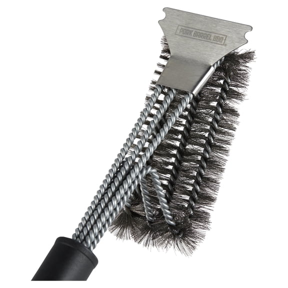 Pork Barrel BBQ Heavy Duty Grill Brush for Outdoor Grill - 3-in-1 Stainless Steel Wire Brush, Scraper & Grill Cleaner