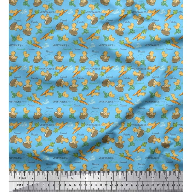 Soimoi Silk Fabric Bird,Carrot & Potato Vegetable Print Fabric by The Yard 42 Inch Wide
