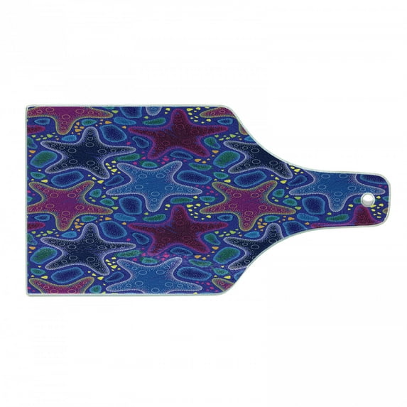 Psychedelic Cutting Board, Dotted Starfish and Pebbles Maritime Theme Aquatic Animal Pattern Print, Tempered Glass Cutting and Serving Board, Wine Bottle Shape, Turquoise Pink, by Ambesonne