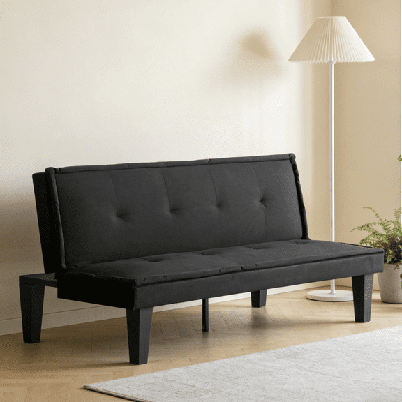 BSHTI 62.99" Faux Suede Futon Sofa Bed, 5-Position Adjustable Backrest, Converts to Sleeper, for Small Space, BLACK